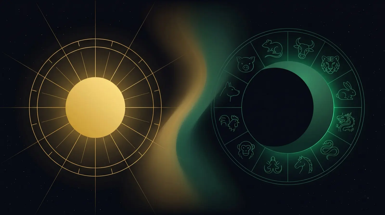 A golden sun-wheel motif representing Western zodiac beside a jade crescent moon with a 12-animal wheel motif representing Chinese zodiac