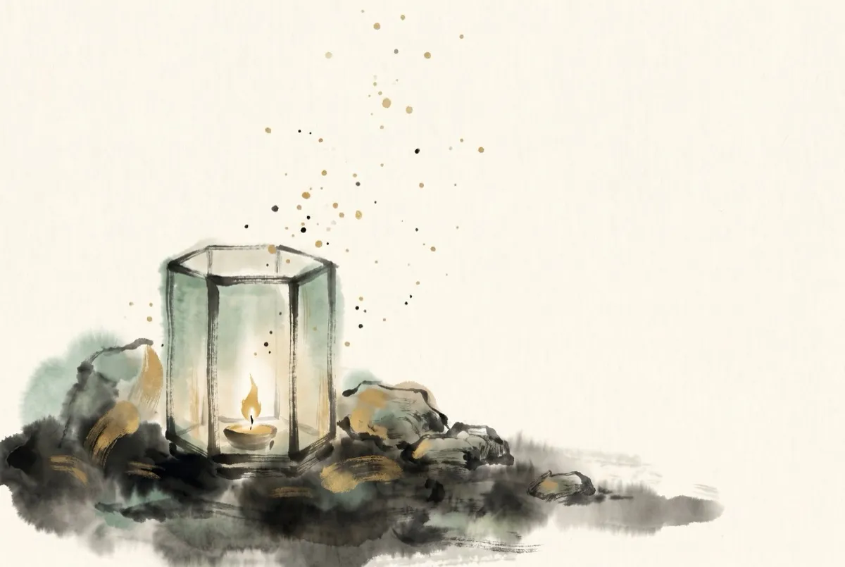 A glowing lantern flame resting on earth and stone — Yin Fire banked into Earth, the Ding Wei Fire Goat