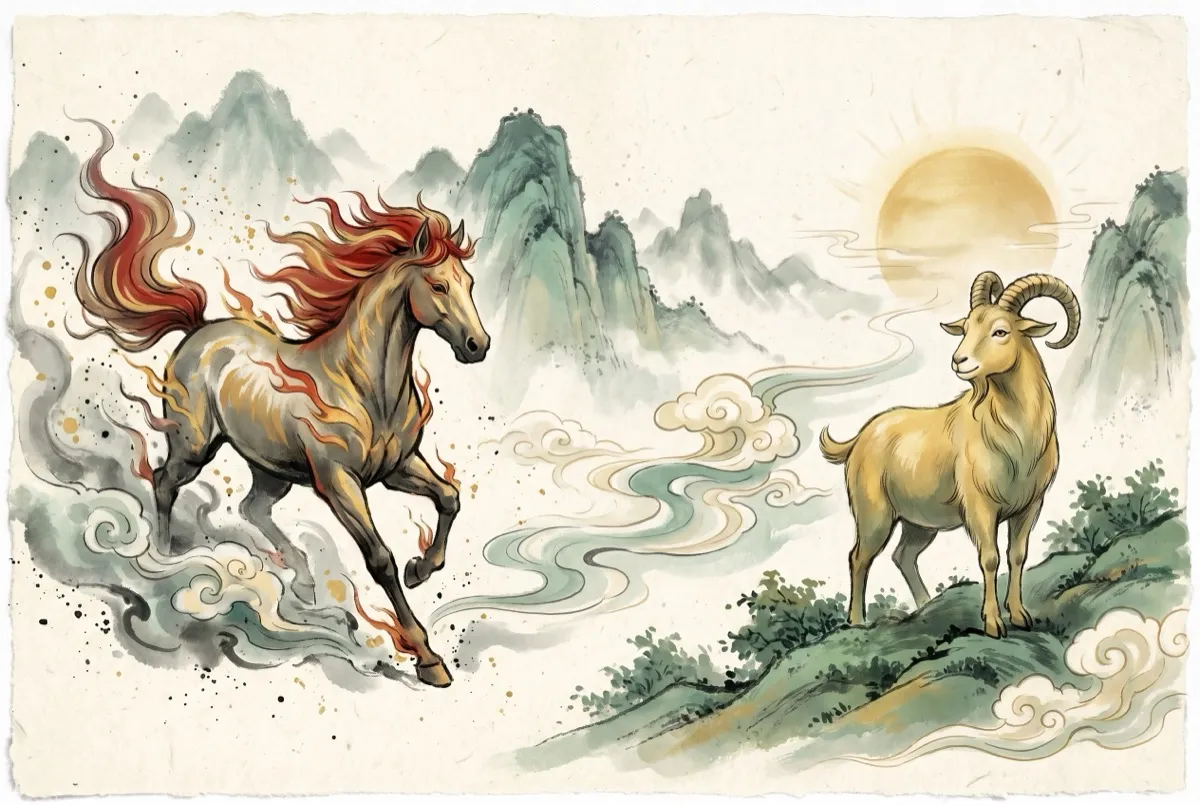The 2026 Fire Horse galloping into mist beside the 2027 Fire Goat under a rising sun