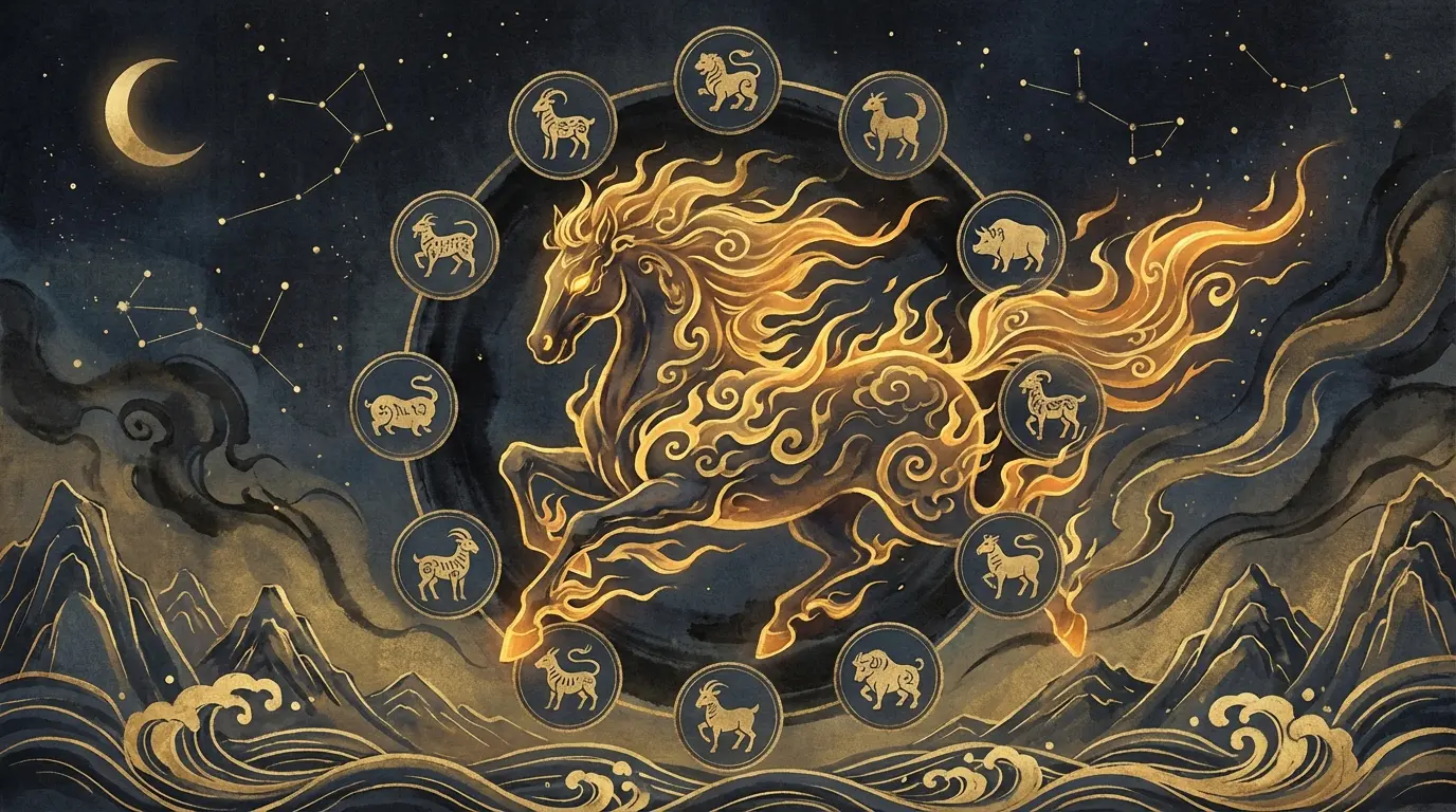 Fire Horse surrounded by Chinese zodiac wheel and lunar calendar symbols - 2026 birth timing