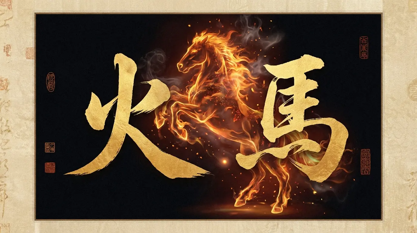 Bing Wu 丙午 Fire Horse calligraphy with flaming horse silhouette