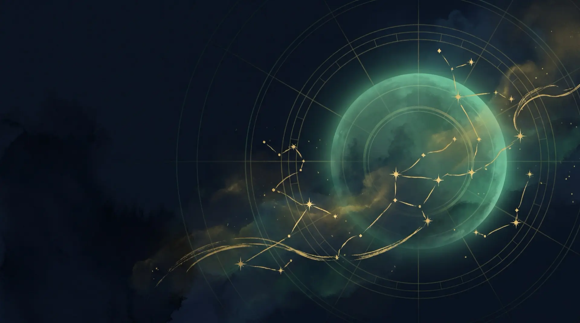 Jade celestial disc with a gold constellation star-chart on a deep ink sky