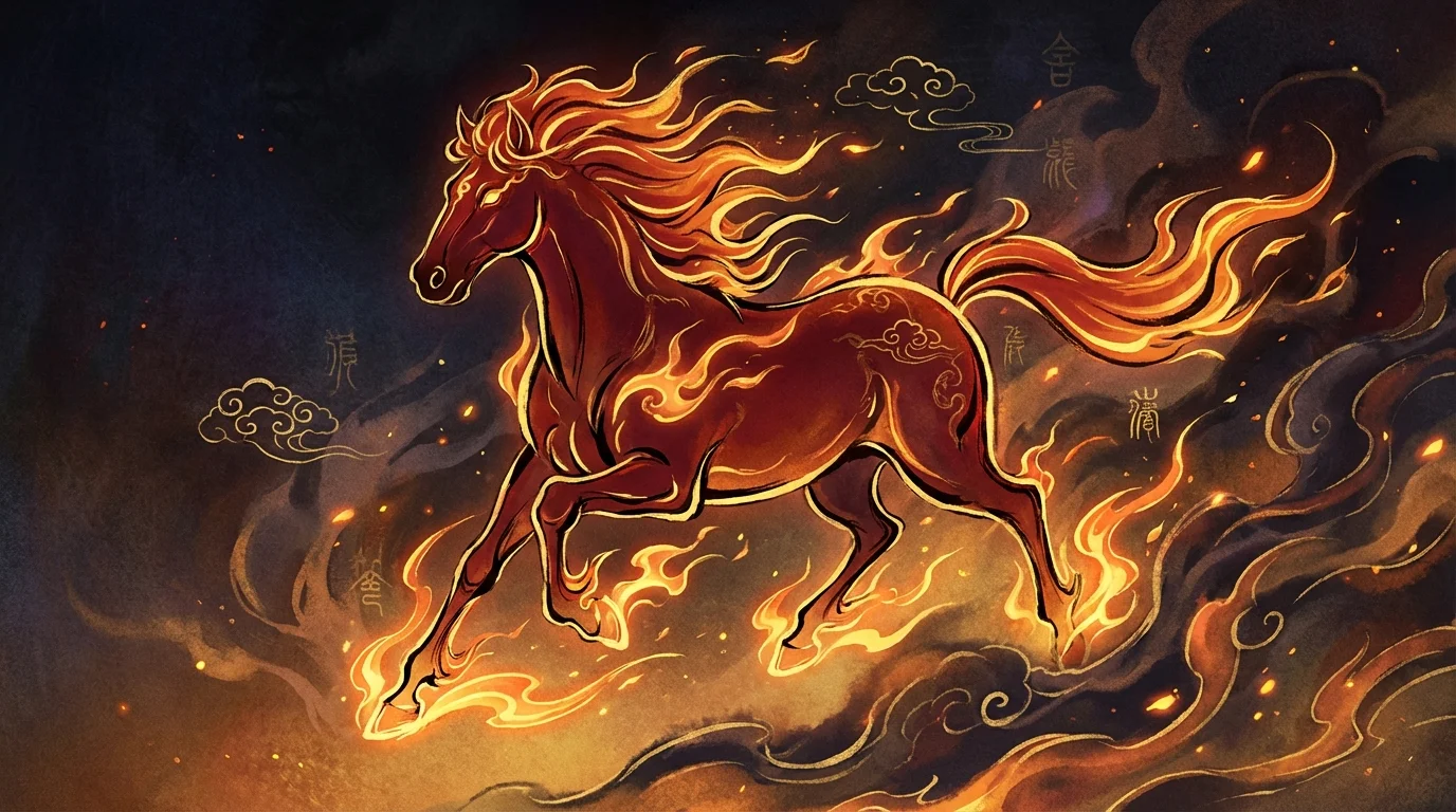 Fire Horse personality in Chinese zodiac — Yang Fire Horse (丙午 Bing Wu) representing the 1966 and 2026 Fire Horse year