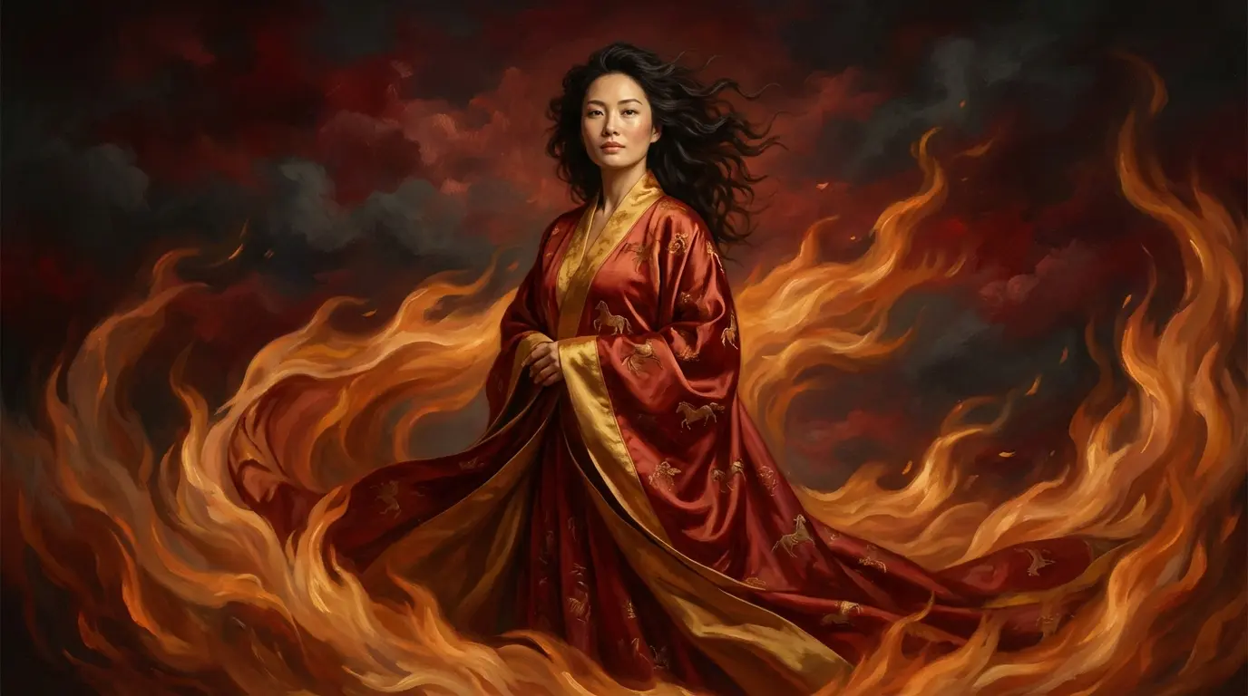 Fire Horse Woman illustration: woman in red robe with horse motifs surrounded by flames, representing the Hinoeuma (丙午) superstition about women born in 1966 Fire Horse year