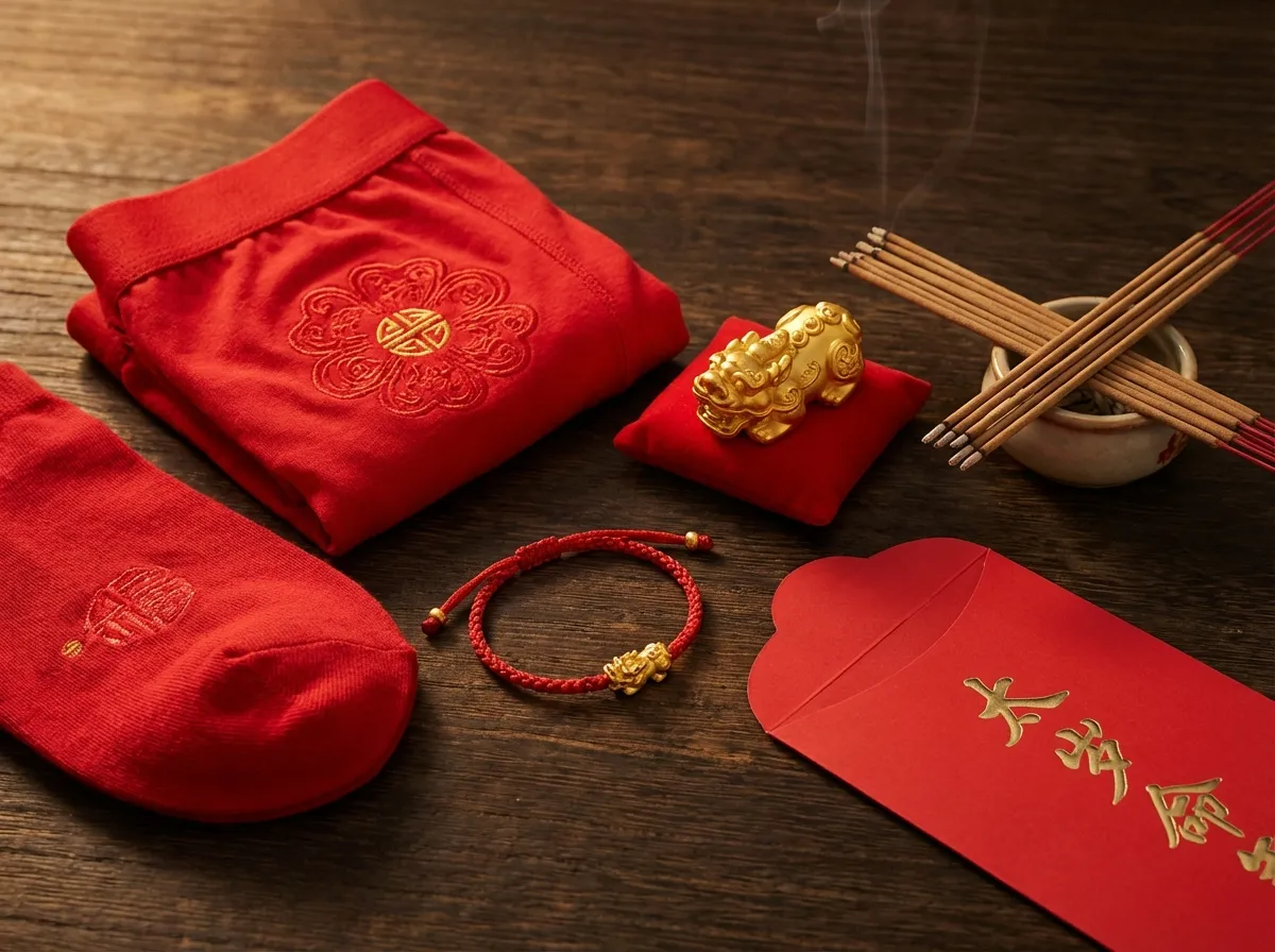 Traditional Tai Sui protection items - red items, amulets, and Pi Yao