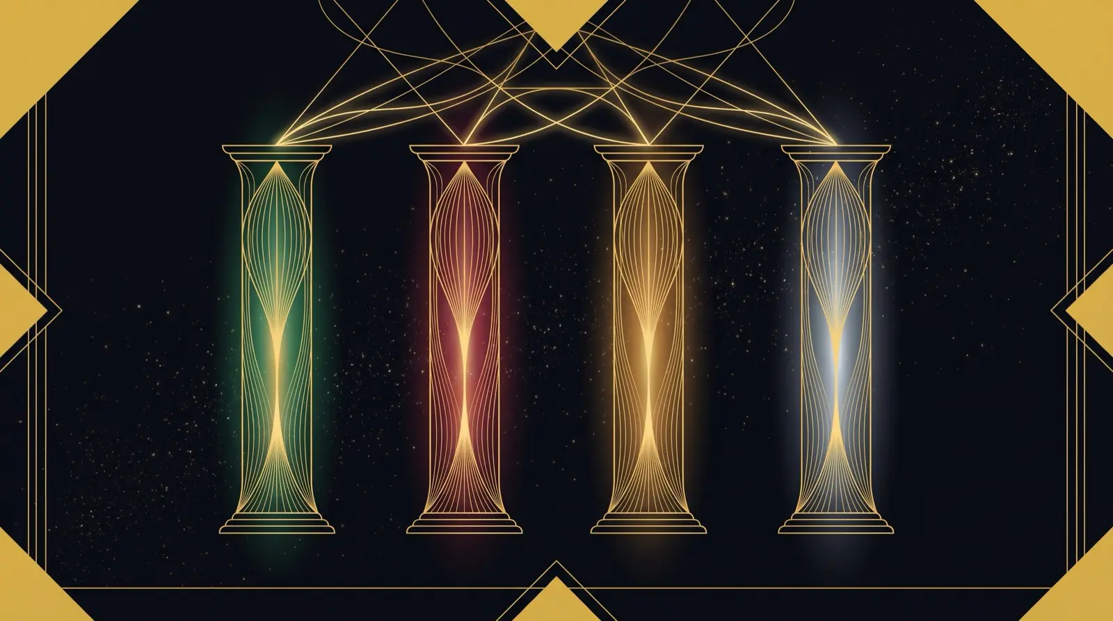 Four glowing pillar shapes in the five elemental colors, representing the Ba Zi Four Pillars of Destiny