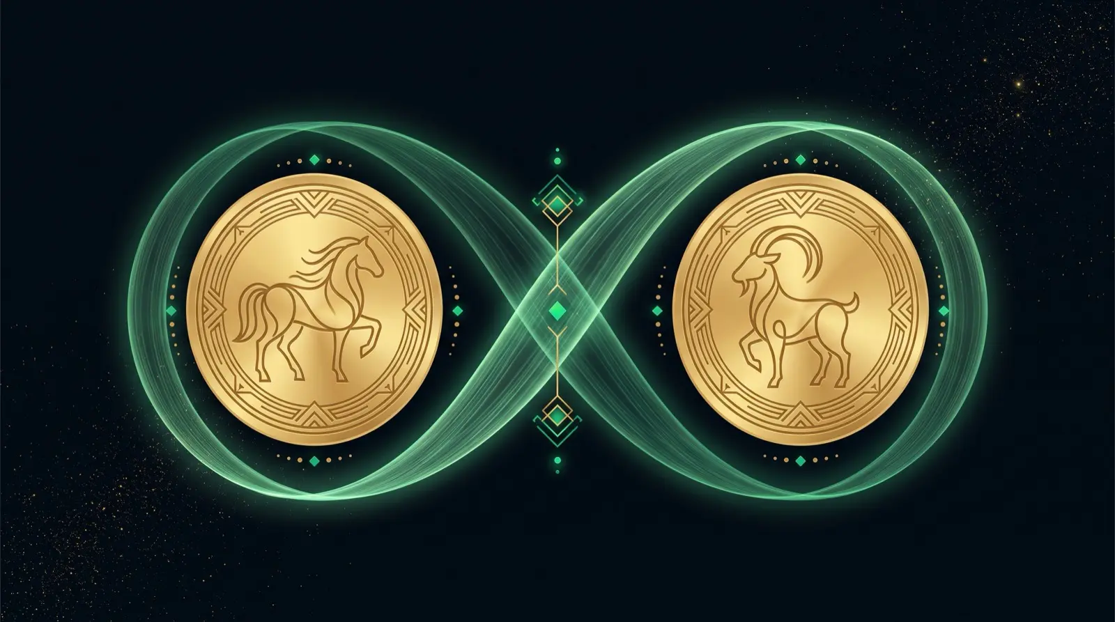Two golden zodiac-animal medallions joined by a glowing jade ribbon representing zodiac compatibility